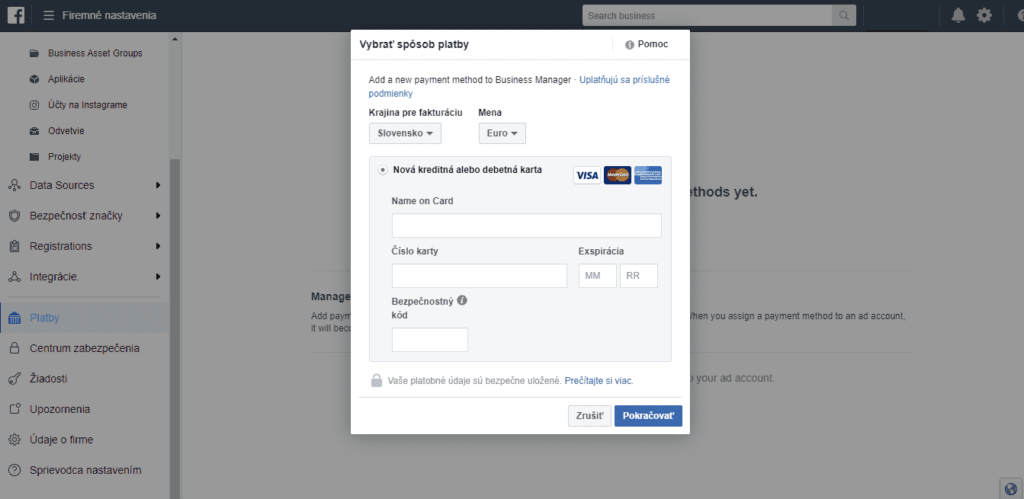 Vyplnenie platobných údajov v Facebook business manager účte.