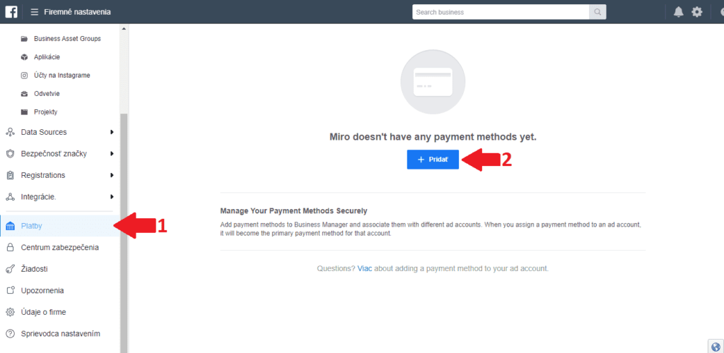 Pridanie spôsobu platby v účte Facebook business manager.