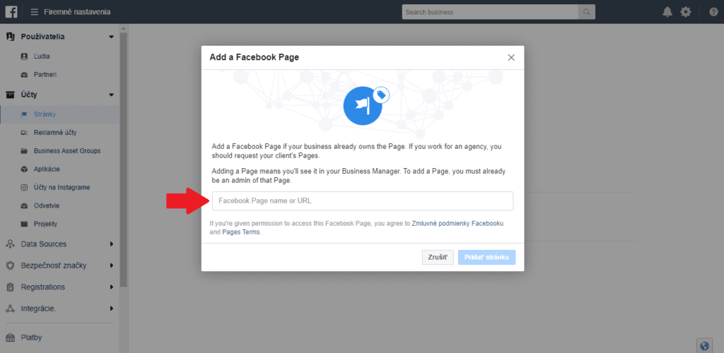Výber názvu Facebook stránky a pridanie do business manager účtu.