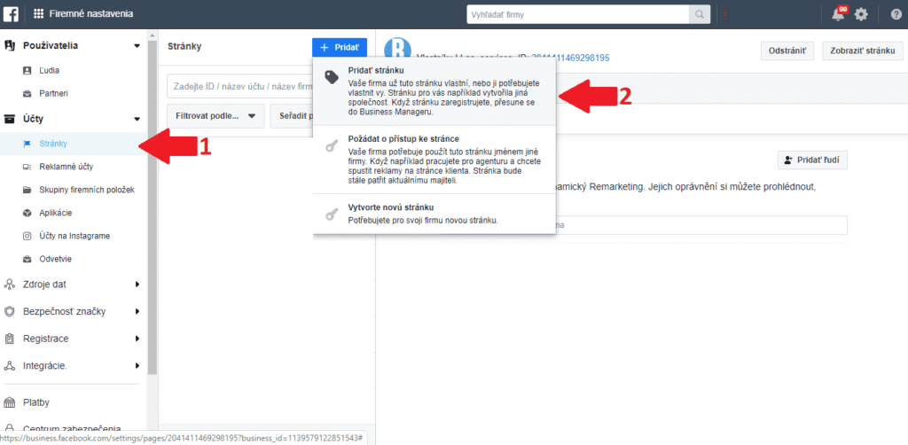 Pridanie stránky facebook business manager.