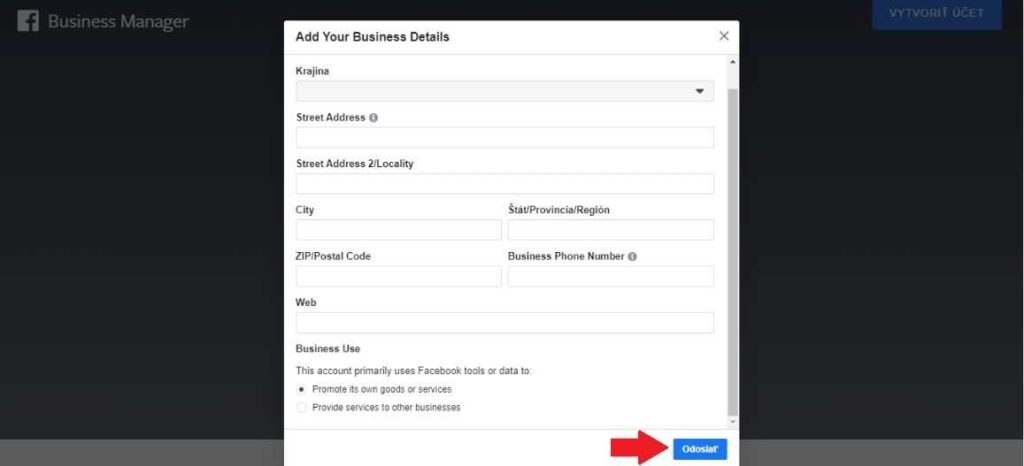 Vyplnenie údajov o firme pri založení účtu Facebook business manager. 