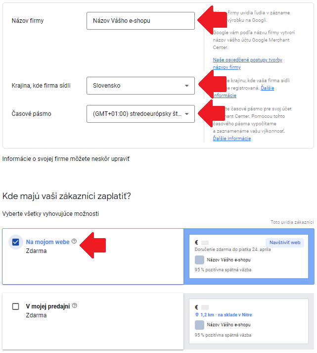 Výber krajiny, názvu firmy pri vytvorení účtu Google Merchant Center.