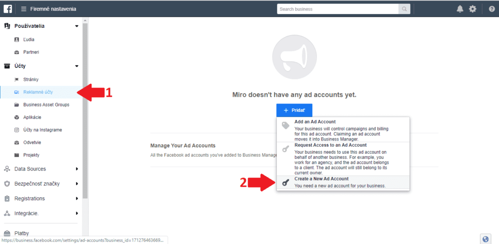 Vytvorenie reklamného účtu v Facebook business manager.