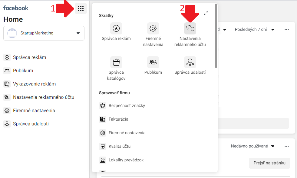 Nastavenie reklamného účtu Facebook business manager.