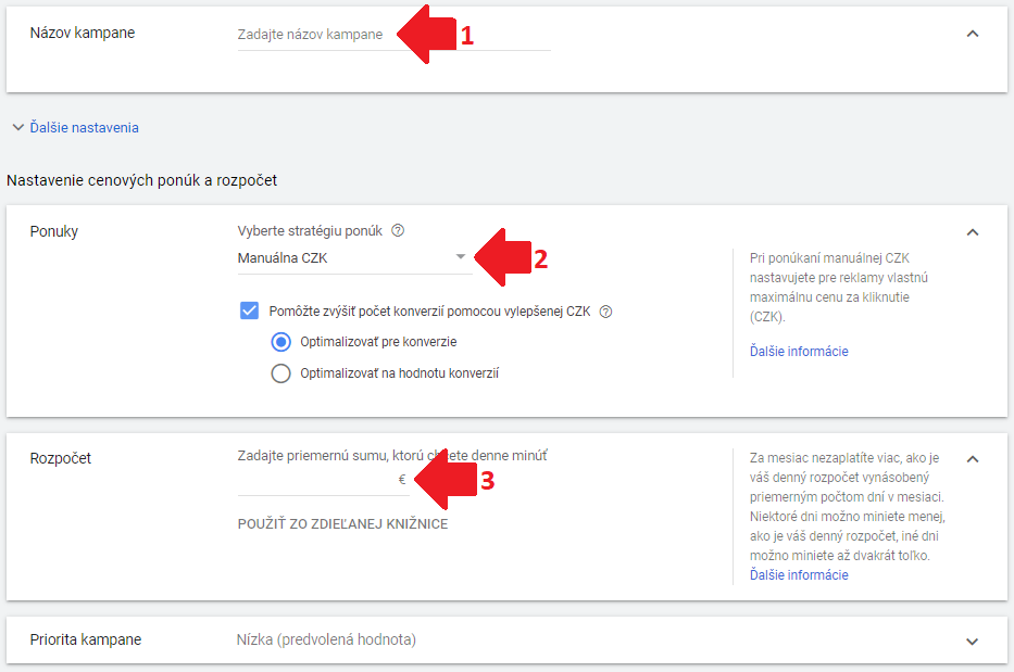 Názov kampane a výber stratégie ponúkania cien pre Google Nákupy. 