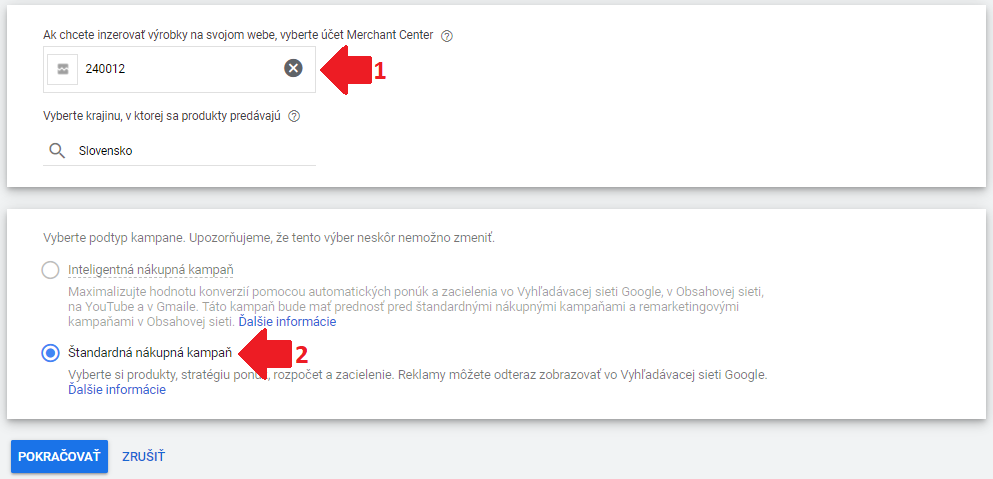 Vyber účtu Merchant Center a krajiny predaja pri tvorbe Google Nákupov.