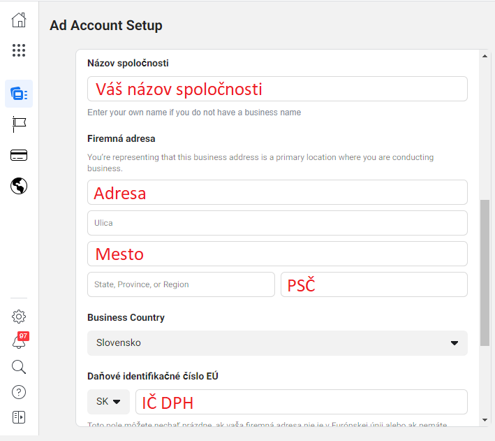Vyplnenie firemných údajov Facebook business manager.