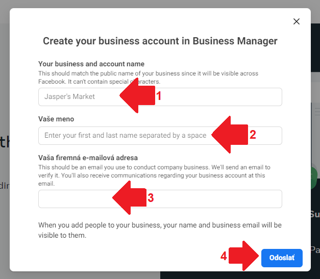 Vyplnenie názvu Facebook business manager účtu, mena užívateľa a email.