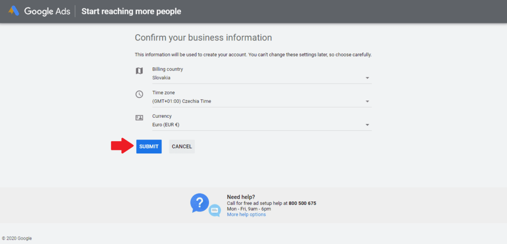 Zvolenie krajiny, časového pásma a meny pri vytvorená účtu Google Ads.